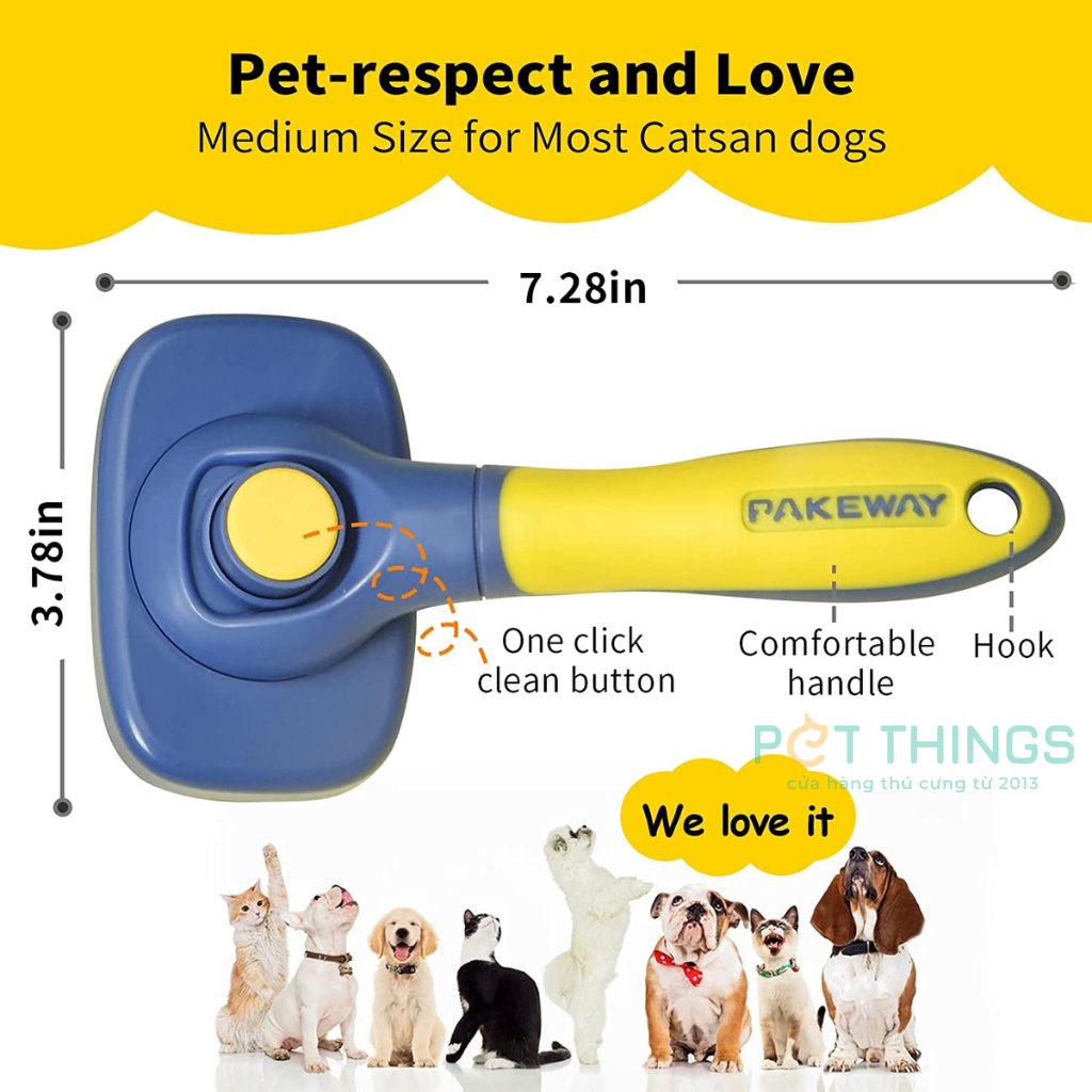 Lược chải lông cho chó mèo T10 vuông có nút bấm Pakeway