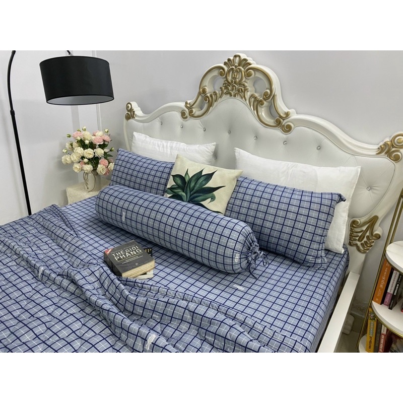 Bộ ga gối thun mẫu caro xám xanh