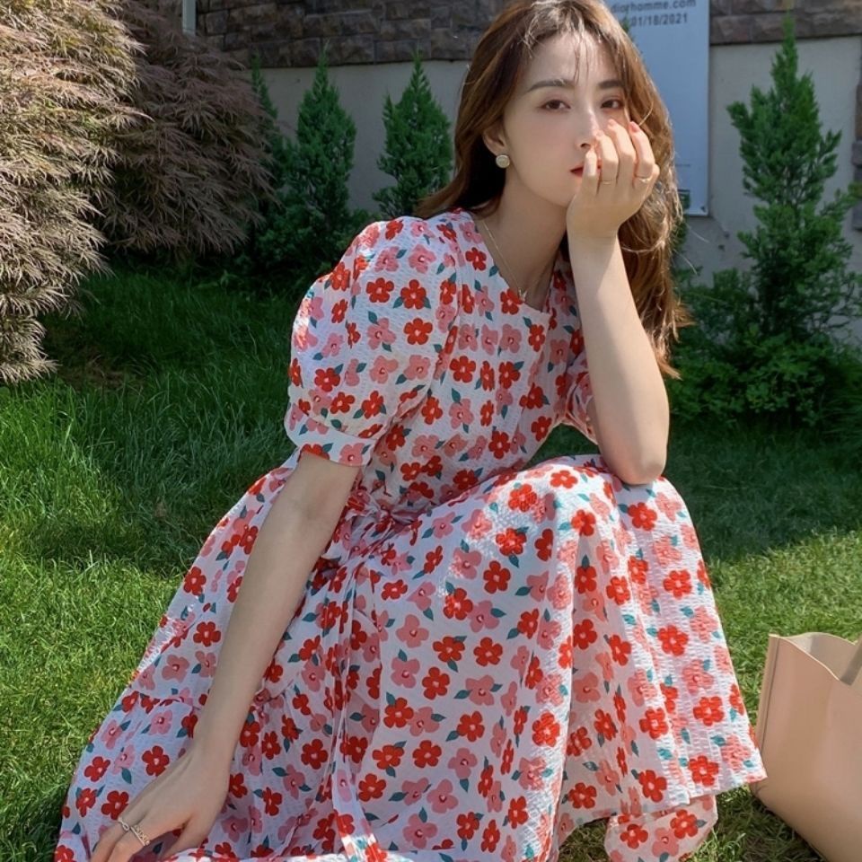 Đầm Dáng Dài Tay Phồng In Họa Tiết Hoa Nhỏ Xinh Xắn Thời Trang Pháp 2022
