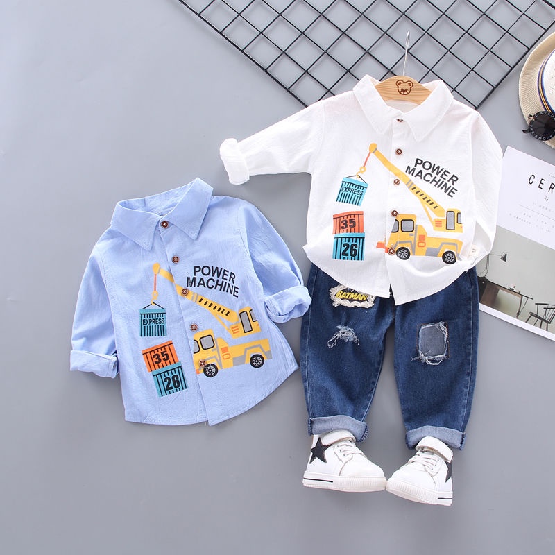 Bộ áo sơ mi dài tay in hoạt hình + quần dài thời trang mùa thu 2019 cho bé trai từ 1-2-3-5 tuổi