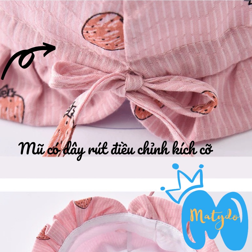 Mũ cho bé gái bé trai vành tròn hình dâu tây có dây rút đáng yêu nón cho bé vải cotton phụ kiện trẻ em