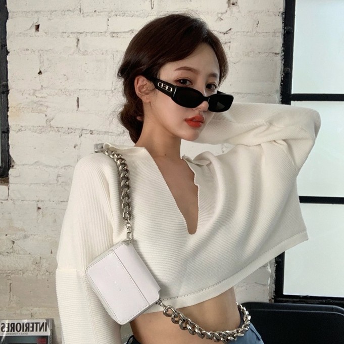 QADCOL Áo thun polo dáng rộng cổ xẻ chữ V phong cách retro Hàn Quốc