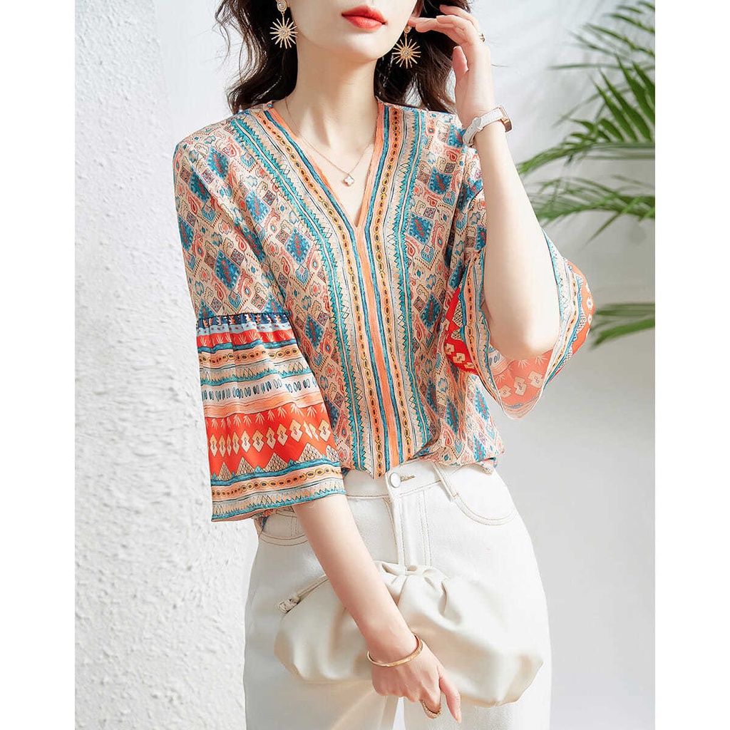 Áo Sơ Mi chiffon Tay Lửng Ống Loe Cổ Chữ V In Họa Tiết Dân Tộc Thời Trang Mùa Hè Hàng Mới Dành Cho Bạn Nữ