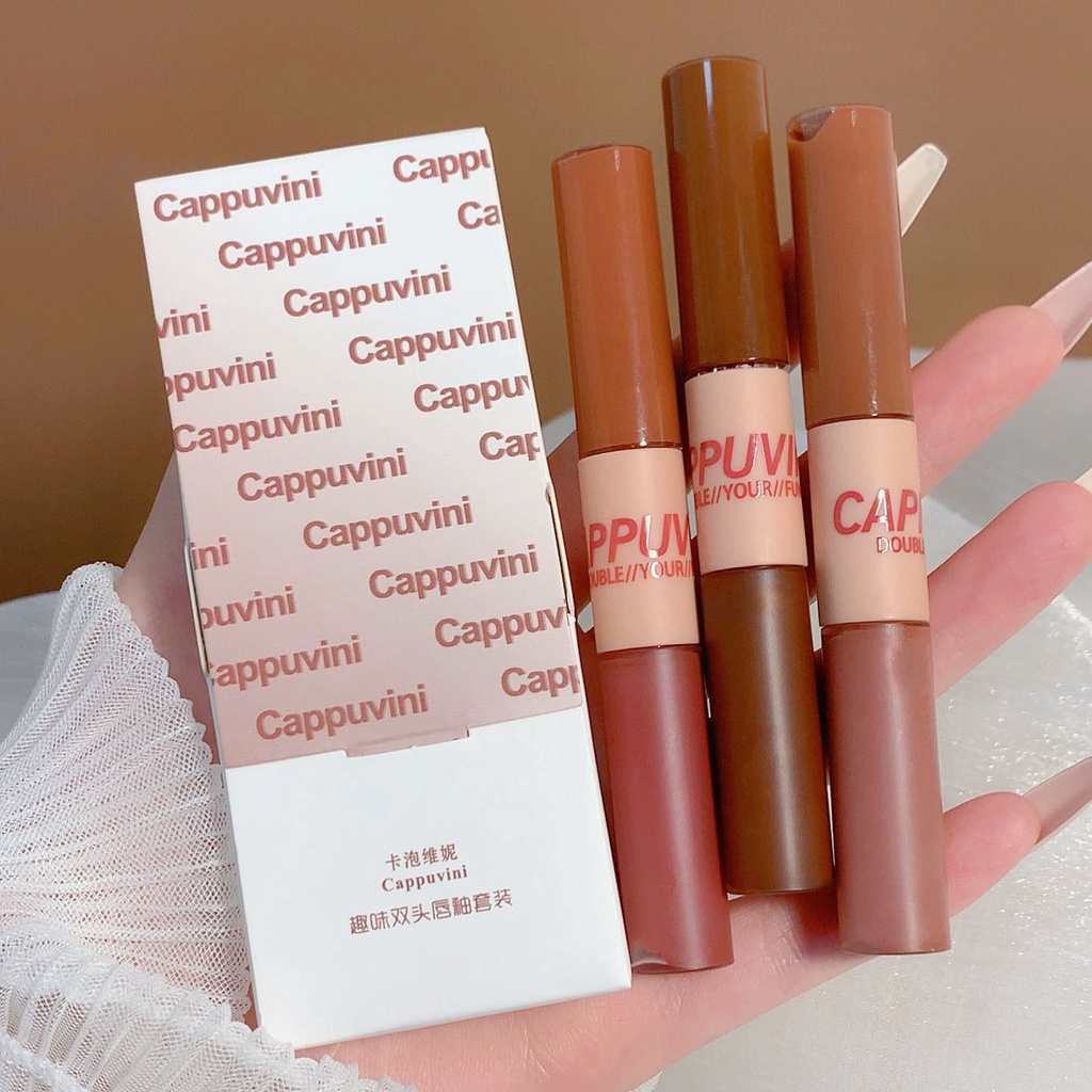 Set 1/3 son kem lì CAPPUVINI/Uslike tông nude 3D chống thấm nước 2 trong 1 thời trang