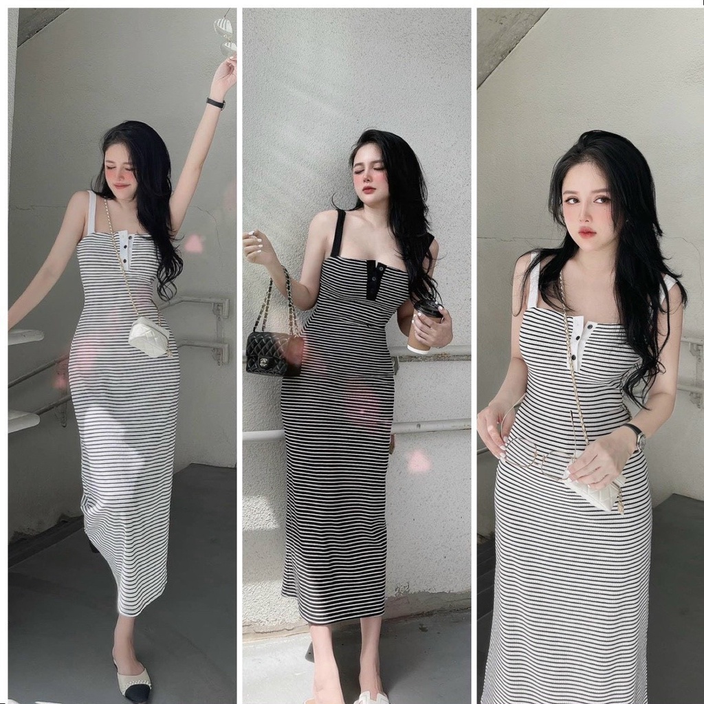 Đầm body 2 dây dáng dài phối nút kẻ sọc siêu tôn dáng - đầm ôm nữ