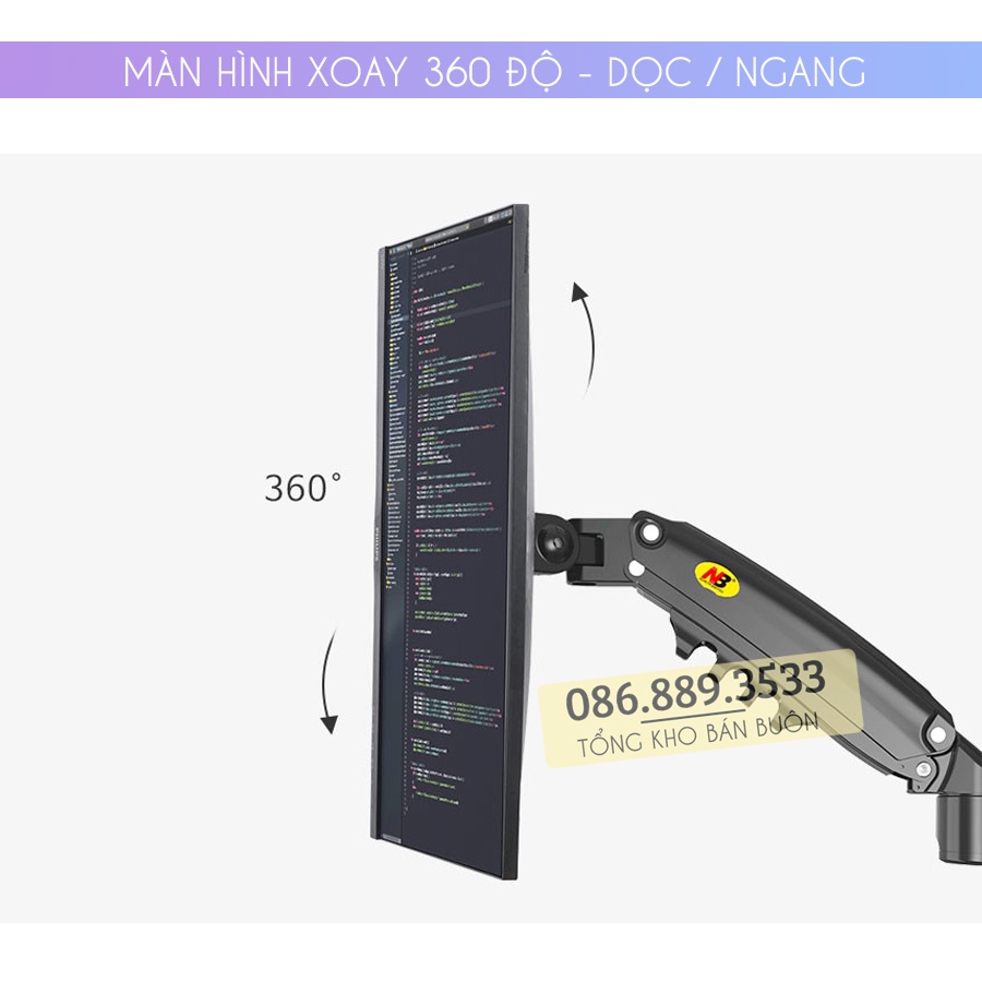 H180 / Giá Treo 2 Màn Hình NB H180 22 - 32 Inch / Giá Đỡ Hai Màn Hình Kẹp Bàn - Xoay 360 Độ