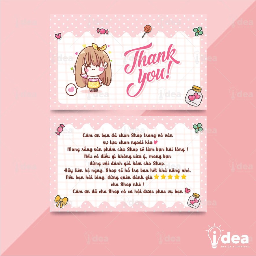 Card Cám Ơn, Card Thank You, Thiệp Cảm Ơn - Size 9x5,4cm - Giấy C300 Cán Màng Mờ 2 Mặt Hình Cô Gái Dễ Thương 4 Màu