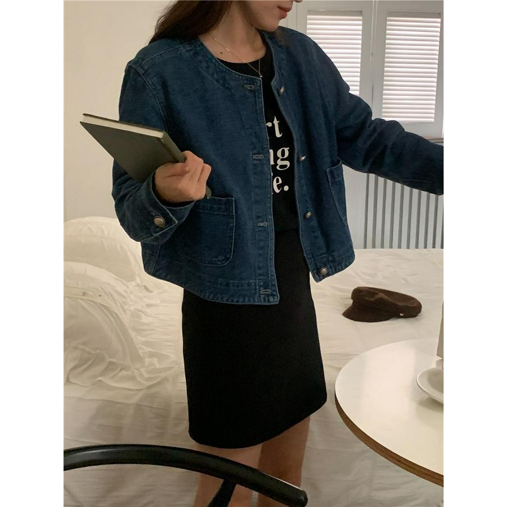Áo Khoác Denim Tay Dài Cổ Tròn Phong Cách Retro Đơn Giản 60932