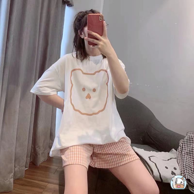 Bộ Đồ Ngủ Gồm Áo Tay Ngắn Và Quần Ngắn Dáng Rộng Họa Tiết Hoạt Hình Thời Trang Mùa Hè Hàn Quốc