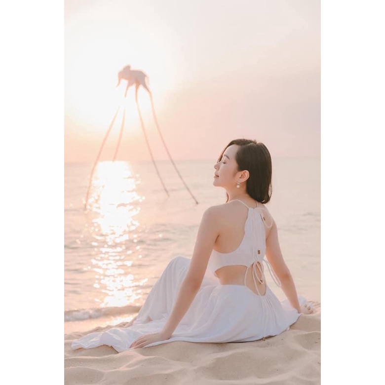 Đầm váy maxi trắng đi biển xẻ tà thắt eo dáng dài chụp hình dã ngoại kỷ yếu nàng thơ xinh đẹp QD MSP009