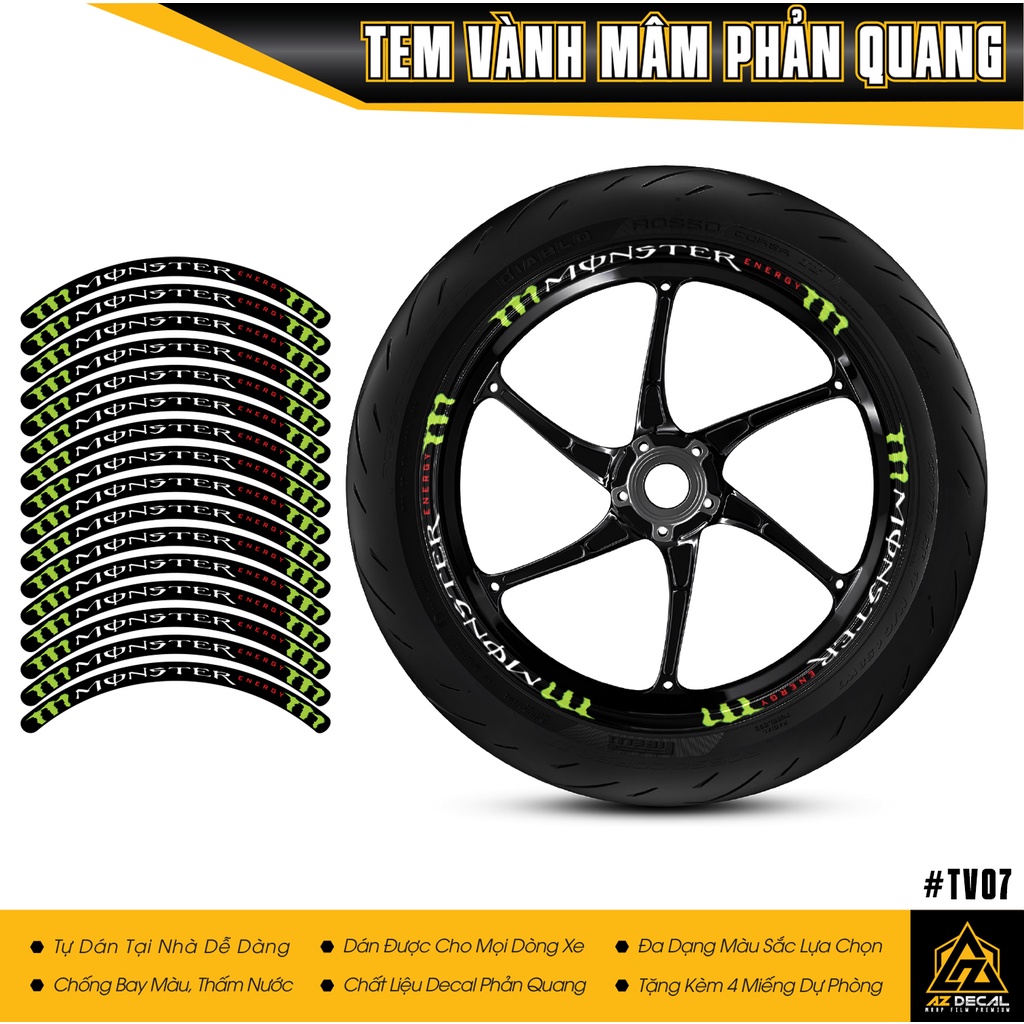 Tem Vành Xe Monster Xanh Full 2 Bánh | TV07 | Decal Dán Mâm Xe Chống Nước, Chống Phai Màu, Dành Cho Xe Máy Xe Điện