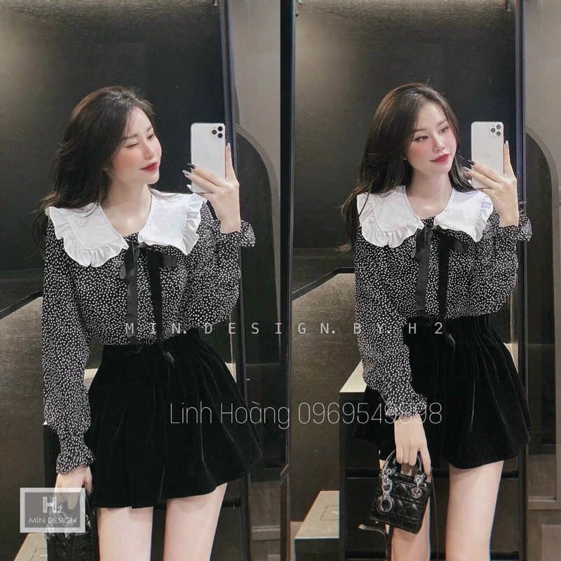 sơmi chấm cổ nơ điệu