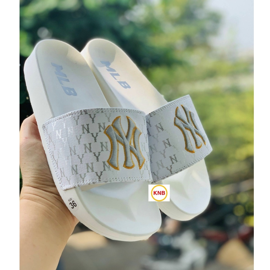 Dép 𝐌𝐋𝐁 UNISEX mẫu dép thể thao ❤️ Freeship + Hộp ❤️ Dép NY bóng chày quai ngang nam nữ chữ thêu nỗi kèm mác trắng xám