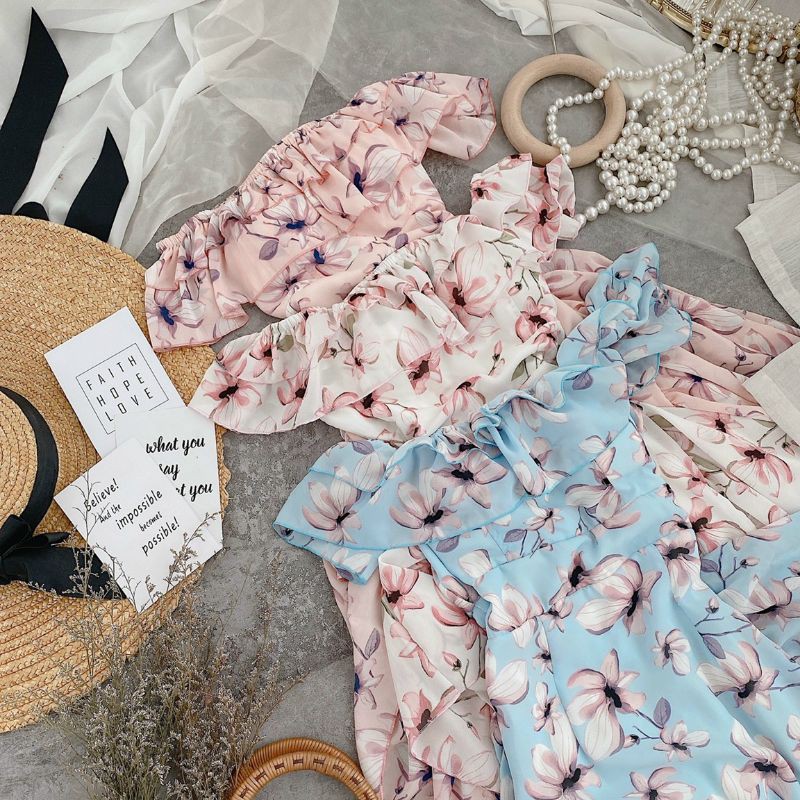 Đầm maxi hoa bẹt vai bèo tà đổ