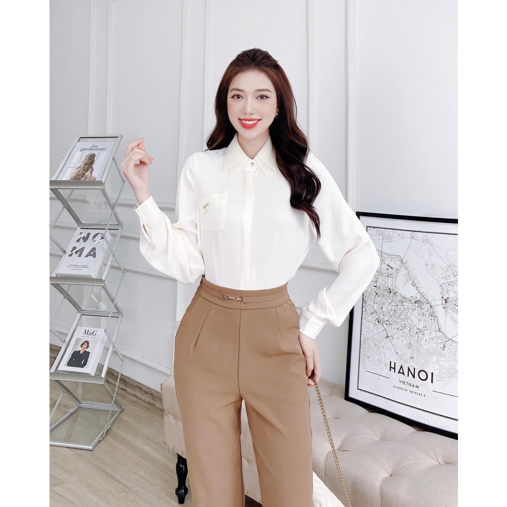 Áo sơ mi dài tay Odelia cổ voan 2 tầng, có túi ngực - A6498