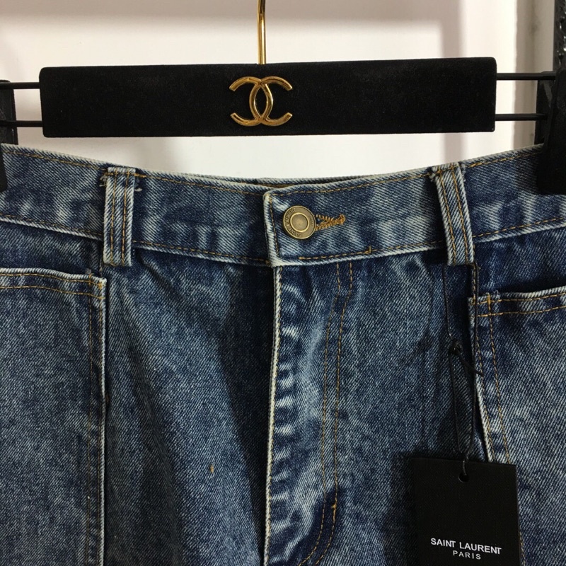 Quần short denim cạp cao viền tua rua phong cách mùa hè mới YSL Saint Laurent cao cấp