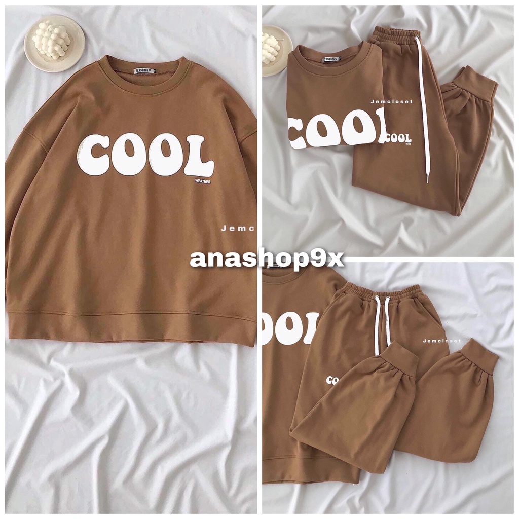 Bộ quần áo nỉ Cool bo gấu bó chun áo thụng quần rộng màu nâu anashop9x