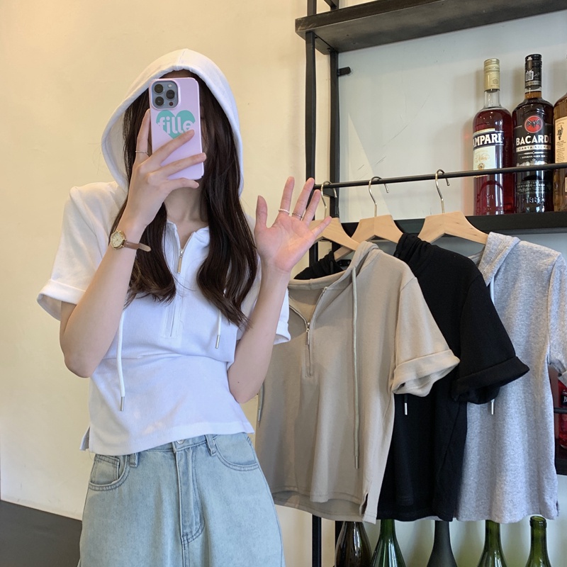 Áo Thun Tay Ngắn Có Nón Phối Khóa Kéo Màu Sắc Đơn Giản Thời Trang Mùa Hè Dành Cho Nữ