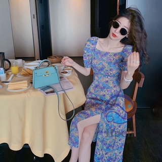 Đầm hoa tay phồng dáng ôm xẻ tà thiết kế mới thời trang