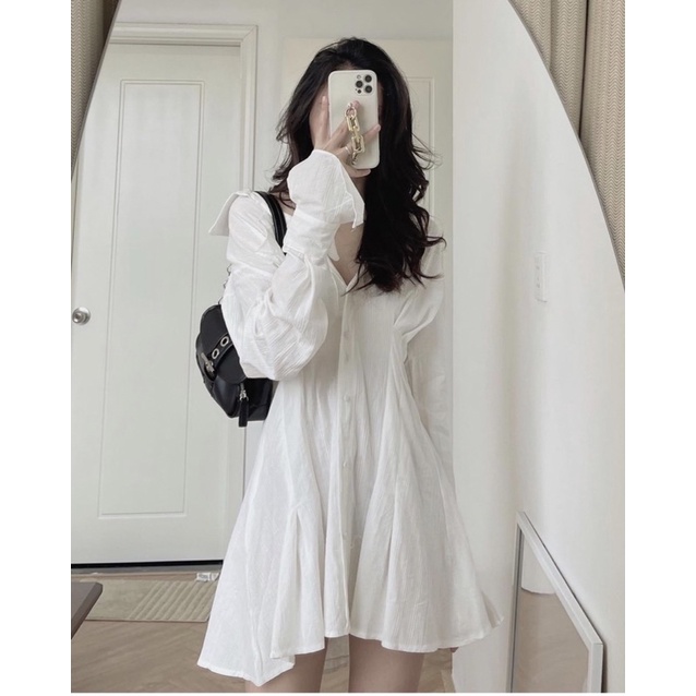 Váy sơ mi chiết eo tay loe vải đũi 2 lớp siêu xinh