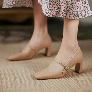 Giày cao gót mũi vuông phong cách retro thời trang thanh lịch cho nữ