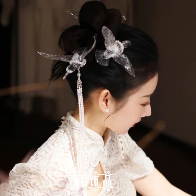 Trâm Cài Tóc Trong Suốt Phối Tua Rua Phong Cách Hanfu Cổ Điển Cho Cô Dâu