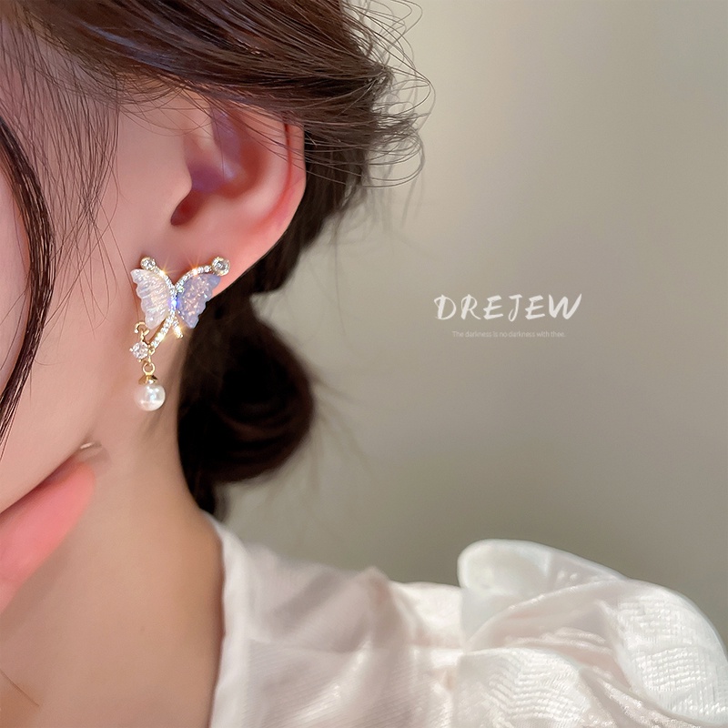 DREJEW Bông Tai Bạc Hình Bướm Đính Ngọc Trai Sang Trọng Thời Trang Phong Cách Pháp 1