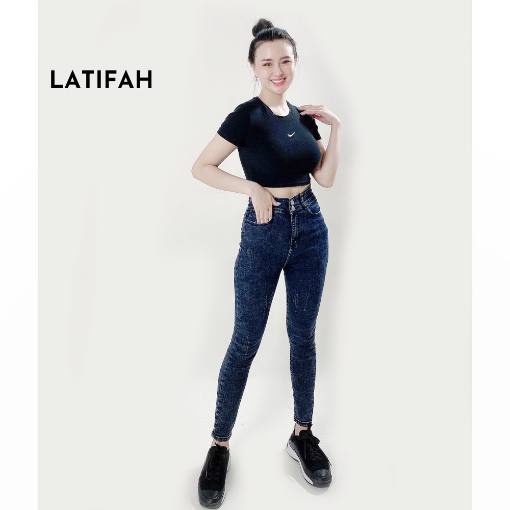 Quần jeans nữ co giãn LATIFAH cạp siêu cao mài xước màu đen xám QD038 phong cách trẻ trung năng động
