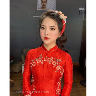 Áo dài gấm tơ trắng, đỏ, hồng 2 tà thêu cao cấp