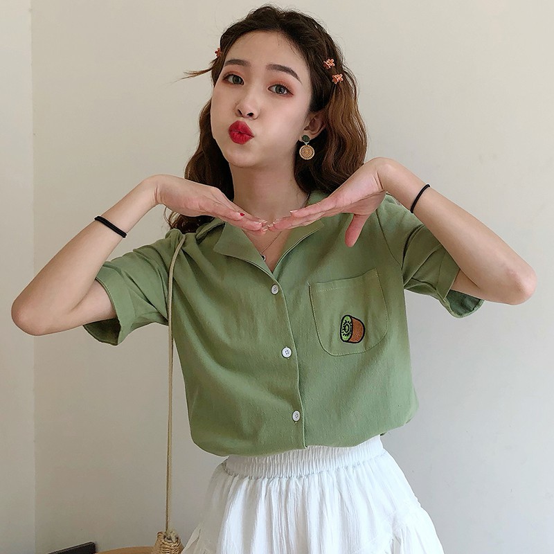 Áo sơ mi tay ngắn họa tiết trái cây đáng yêu trẻ trung cho nữ