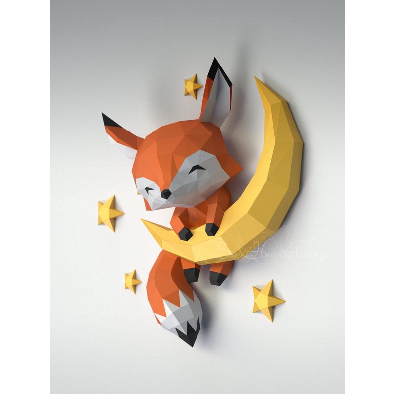 Bộ kit Mô hình giấy 3D cáo nhỏ chơi trăng mập trang trí nhà cửa, shop thời trang