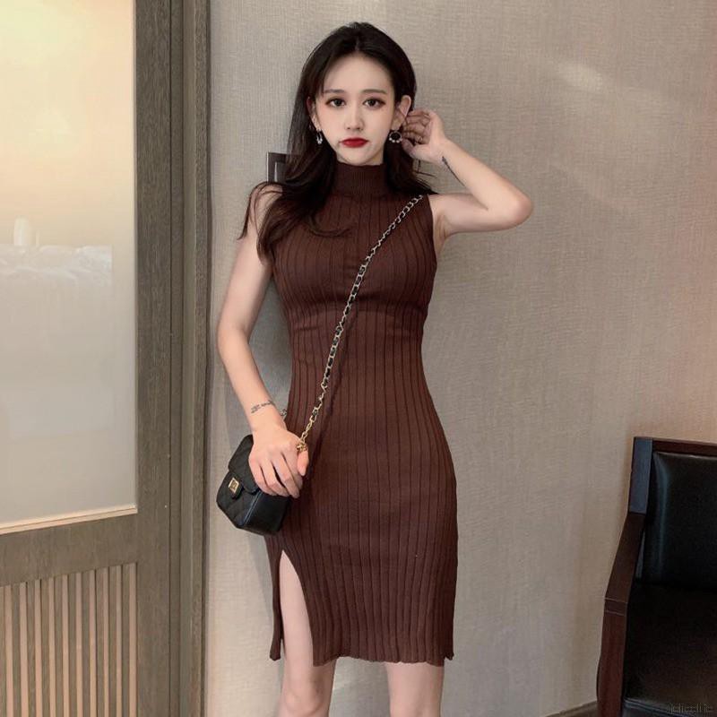 Round Neck Knit Women Slit Dress Novel Chic Solid Color Sleeveless Knee-length | BigBuy360 - bigbuy360.vn