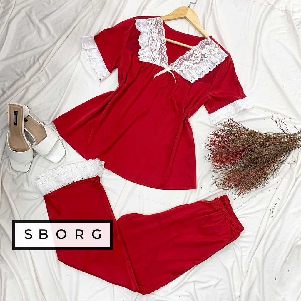 Đồ bộ mặc nhà SBORG bộ pijama lụa latin cao cấp cổ tim viền ren dễ thương phối quần dài có túi freesize 65kg quà tặng vợ