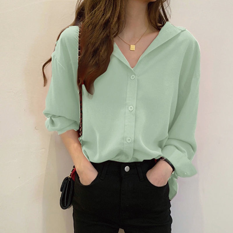 Áo Sơ Mi Dài Tay Vải Chiffon Dáng Rộng Kiểu Hàn Quốc Xinh Xắn Cho Nữ