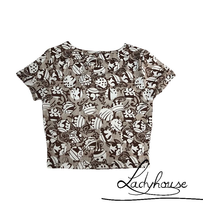 Áo Croptop Tay Ngắn Cổ Vuông In Họa Tiết Cổ Điển Dành Cho Nữ