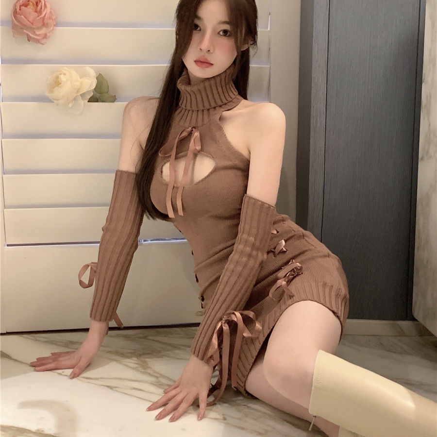 Pure desire, gentle and sweet high neck knitted dress, women's dress, autumn 2021 new short skirt, off-the-shoulder long