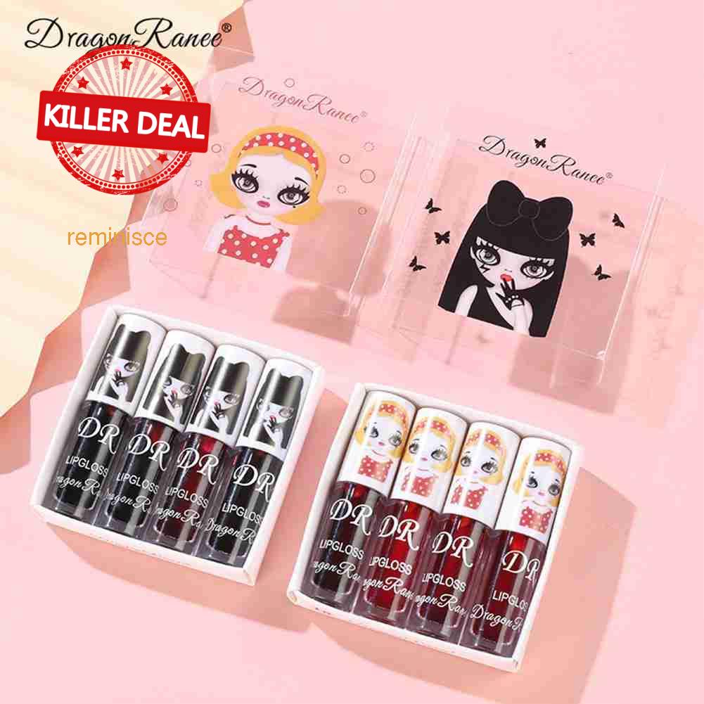 4 pcs/set cute lip stain liquid set box mirror water lipstick berry gloss color glaze lip glass H6I4