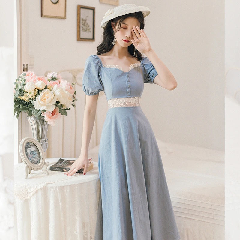 2021New Spring and Summer Dress French Court Retro Square Collar Dress Gentle Skirt Super Mori