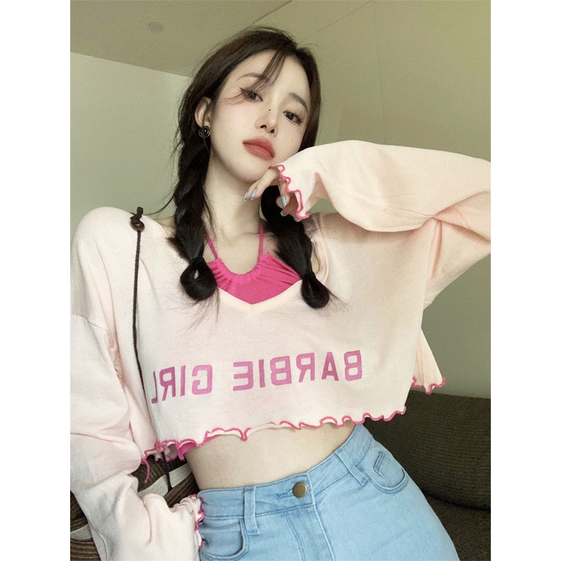 QKOOLE  Set Áo Thun Tay Dài + Áo Yếm Màu Trơn Phong Cách Hàn Quốc Cho Nữ crop top