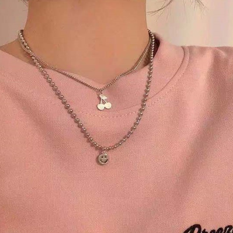 Dây Chuyền Hai Lớp Bằng Thép Titan Mặt Hình Trái Cherry Phong Cách Retro