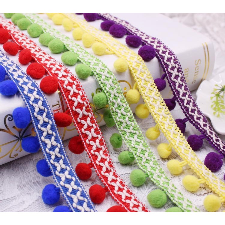 Dải dây tua rua hạt pom pom nhiều màu sắc