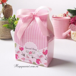 Set 50 hộp quà cưới kèm nơ ruy băng hồng làm quà cảm ơn tiệc cưới và sự kiện