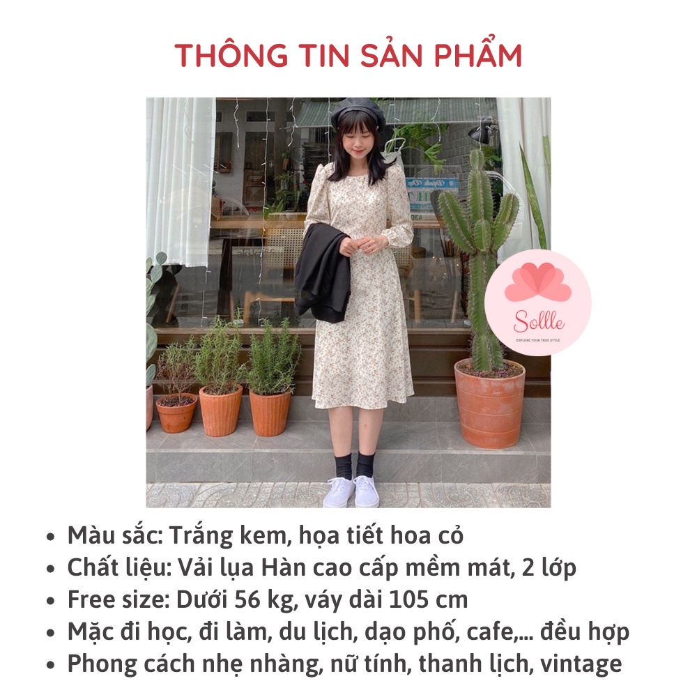 Váy trắng hoa nhí cỏ dài tay thanh lịch đầm babydoll dáng dài vintage nữ tính Hàn Quốc Sollle