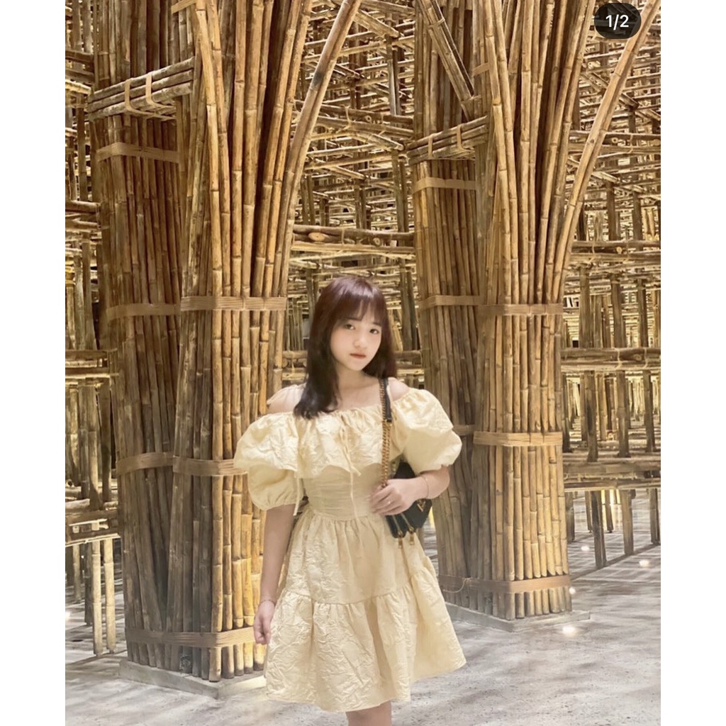 Đầm gấm rớt vai tay phồng dây cột 3M💖 KÈM ẢNH THẬT
