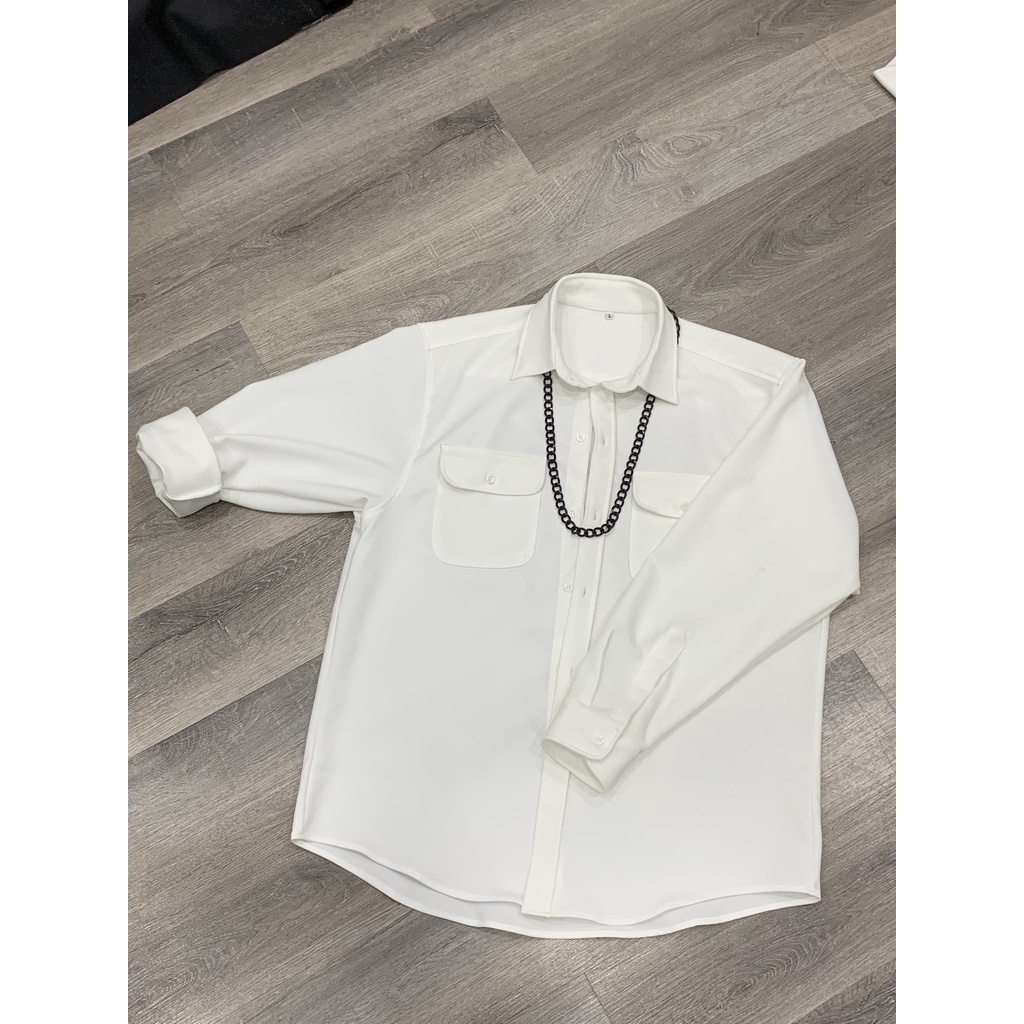 ÁO SƠ MI TÚI HỘP TAY DÀI TRẮNG ĐEN FORM RỘNG THOÁNG MÁT| GIRAN