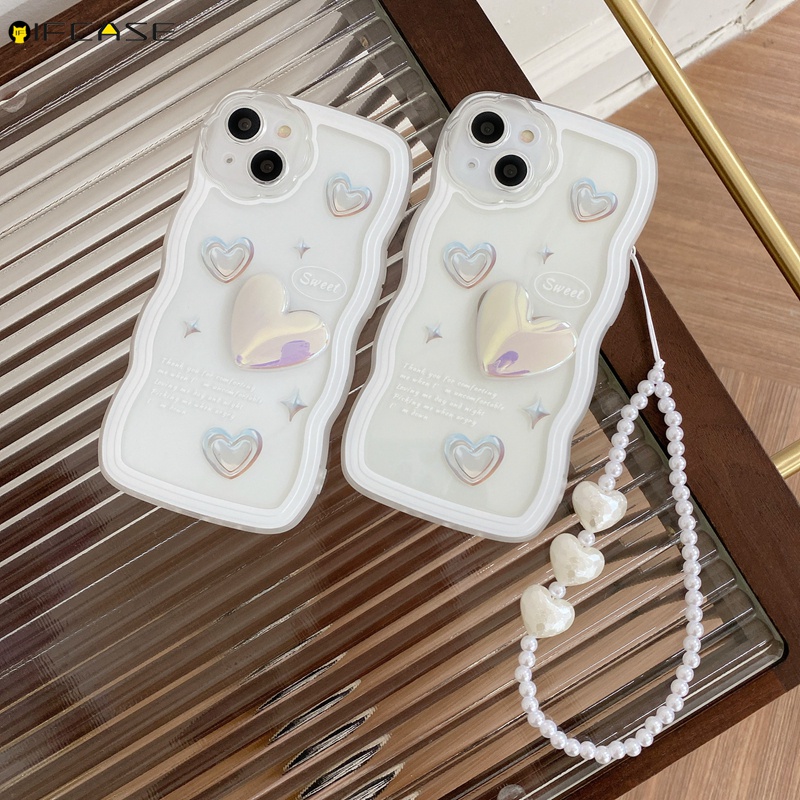 Ốp Điện Thoại Dẻo Màu Laser Họa Tiết Trái Tim Kèm Dây Đeo Ngọc Trai Cho iPhone 13 12 11 Pro Max XS Max XR X 7 8 6 6s