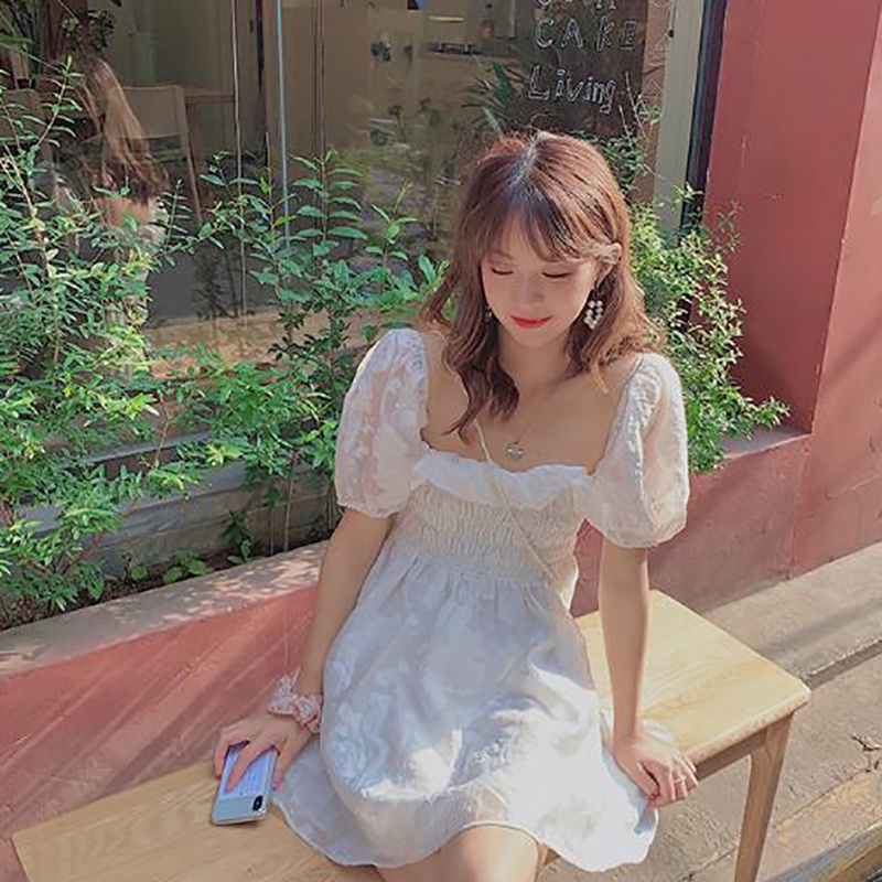 IELGY  Đầm Trễ Vai Tay Phồng Màu Trơn Mỏng Nhẹ Giảm Béo Thời Trang