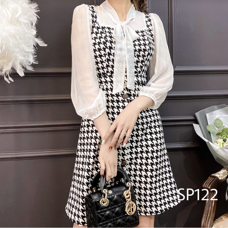 Váy công sở kẻ cổ nơ, váy xòe chiết eo tôn dáng siêu xinh SP122 | BigBuy360 - bigbuy360.vn