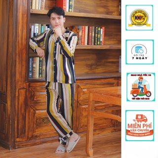 Bộ ngủ lụa pijama sọc quần dài tay dài, from to rộng thoải mái QDTD004