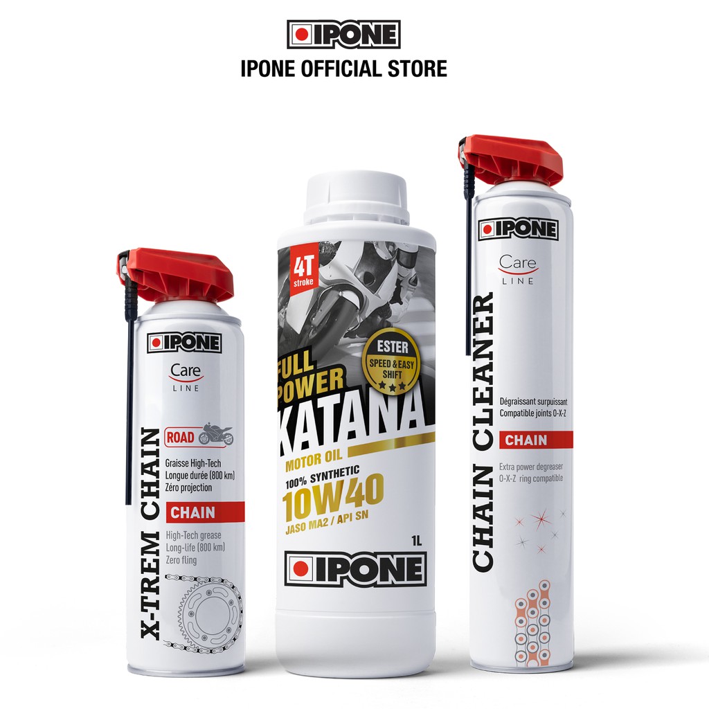 Combo nhớt Ipone Full Power Katana (1L) + dưỡng sên X-trem Chain Road (500ml) + rửa sên Chain Cleaner (750ml)